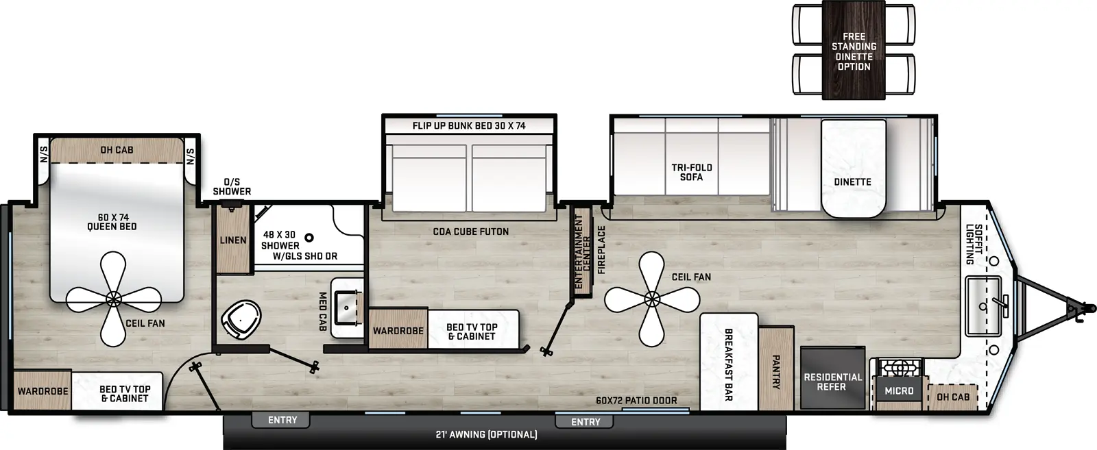 The 39MBTS has three slide outs and two entry doors. Exterior features an optional 21 foot awning and outside shower. Interior layout front to back: kitchen counter with sink and soffit lighting above in alcove, wraps to door side with overhead cabinet, microwave, cooktop stove, residential refrigerator, pantry and breakfast bar; off-door side slide out containing dinette and tri-fold sofa; entertainment center with fireplace along inner wall and ceiling fan; patio door entry; off-door side room with off-door side slide out containing COA cube futon with flip up bunk above, and wardrobe and TV Top and cabinet on opposite wall; off door side full bathroom with medicine cabinet  and linen closet; second entry door; rear bedroom with off door side queen bed slide out with overhead cabinet and night stands on each side, paddle fan, and door side wardrobe and TV Top and cabinet.